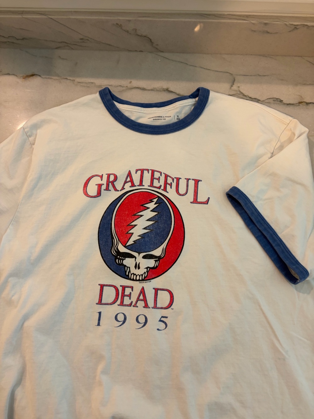 Abercrombie & Fitch Cream Ringer Tee with Red & Blue Grateful Dead Graphic